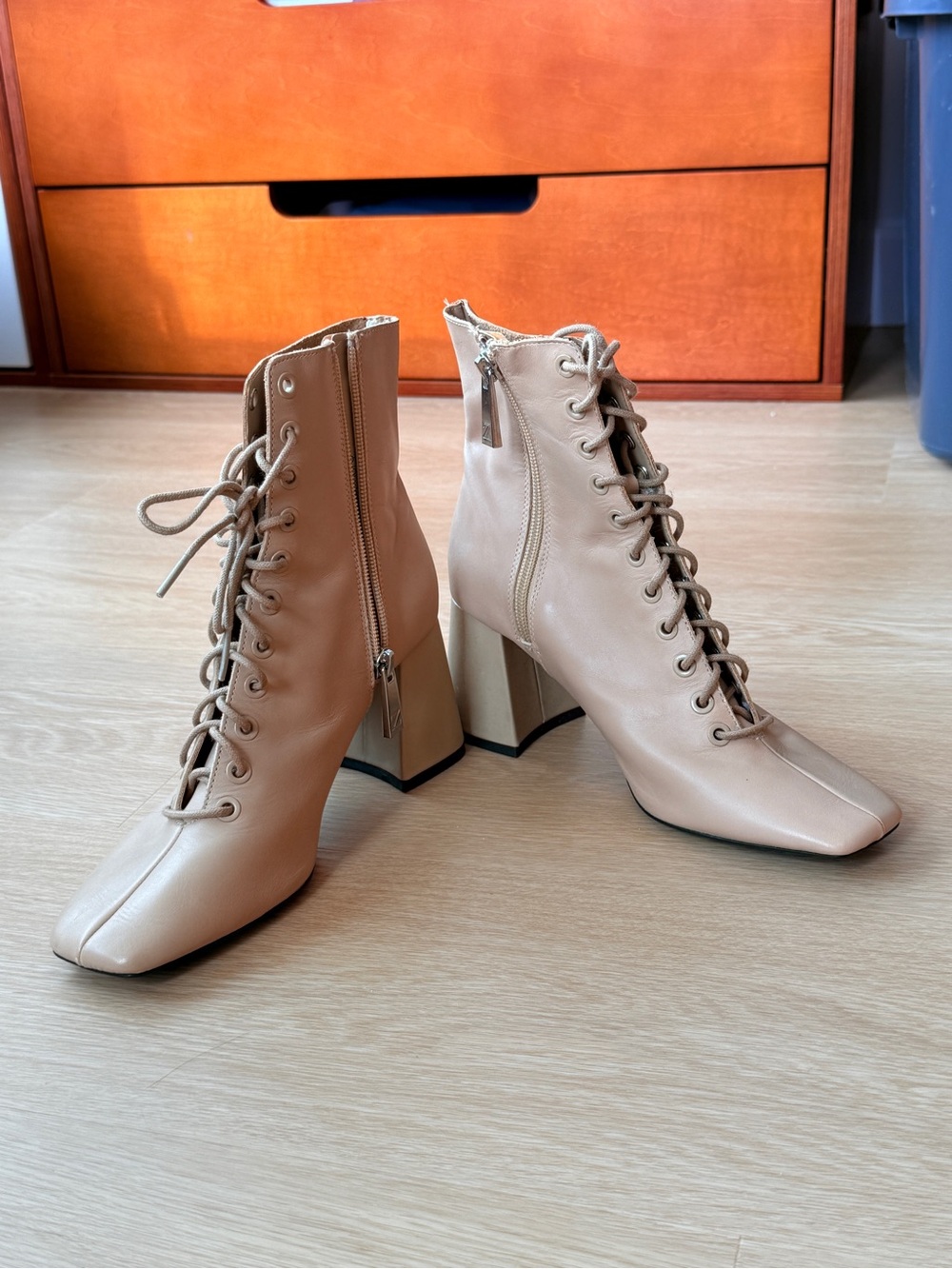 Zara Nude Lace-Up Block Heel Ankle Boots